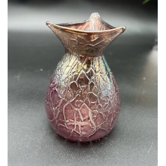Read Studios 2000 Hand Blown Art Crinkle Glass Vase Plum Iridescent 4.25" signed - Picture 2 of 8